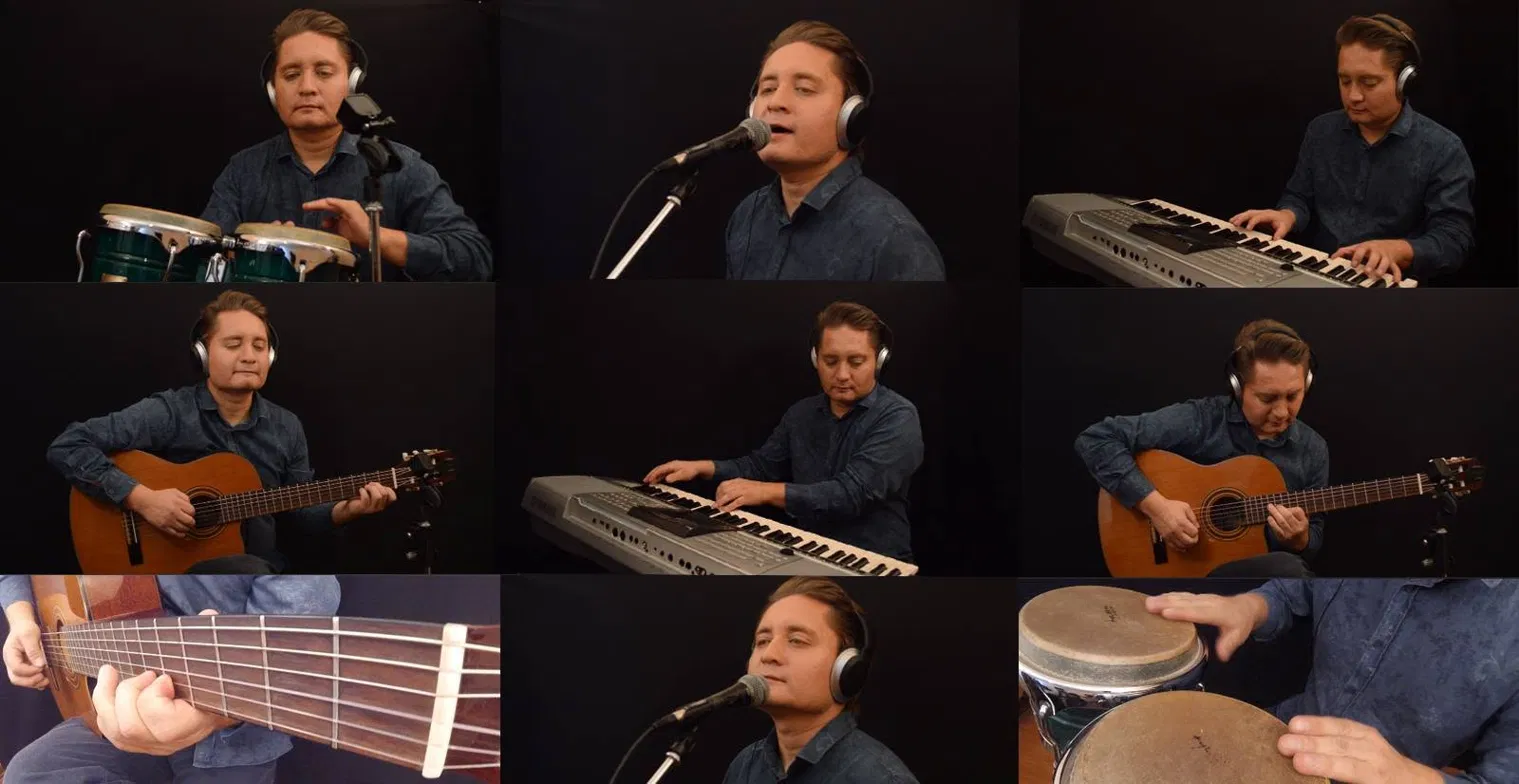 Roberth Tamayo con congas, guitarra y teclado en sesión de estudio